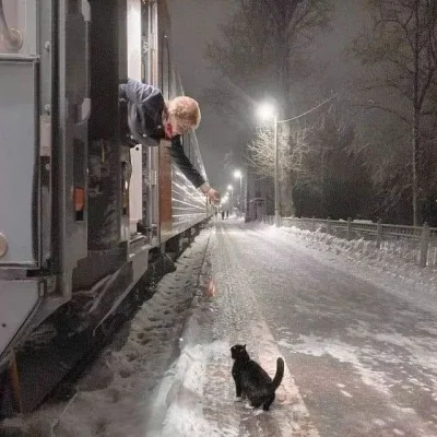 wanghoi - Konduktorka karmi kota o imieniu Felix podczas postoju pociągu Moskwa - Psk...
