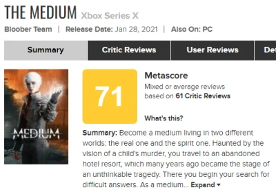 J.....w - The Medium 71/100 na Metacriticu.
Chyba nie ma tragedii jak na gierkę o bu...