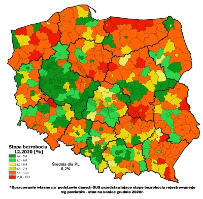 Lolenson1888 - Aktualna mapa bezrobocia w Polsce z podziałem na powiaty, stan na dzie...