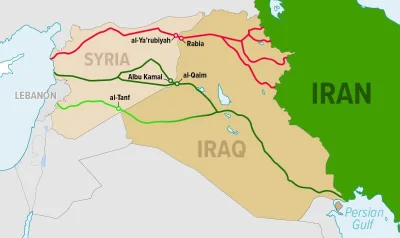 JanLaguna - Mapa Syrii i Iraku z zaznaczonymi korytarzami lądowymi prowadzącymi z Ira...