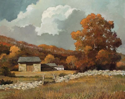 Borealny - Eric Sloane (1905-1985), Fall Foliage.
Farby olejne i ołówek na drewnianej...