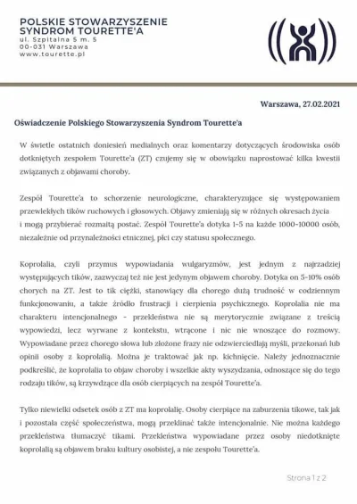 Dambibi - Oświadczenie Polskiego Stowarzyszenia Syndrom Tourett'a w sprawie ostatnich...