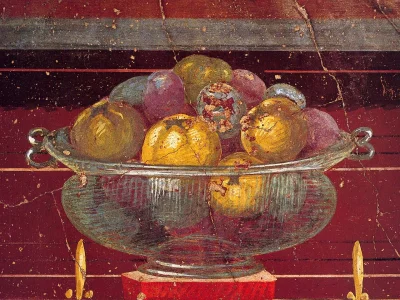 IMPERIUMROMANUM - Szklane naczynie z granatami i jabłkami na fresku

Fresk rzymski ...