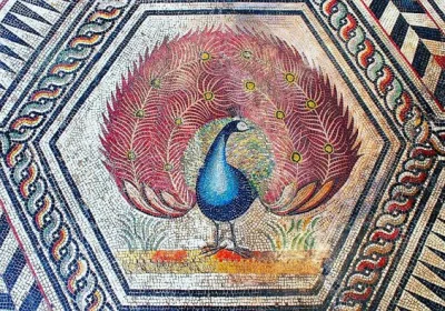 IMPERIUMROMANUM - Mozaika rzymska ukazująca kolorowego pawia

Detal z rzymskiej moz...