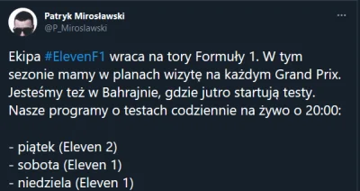 TheArrow - Eleven wraca do relacji z torów. Oby bez kuzynów na testach.
#f1