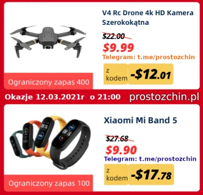 Prostozchin - Dziś na promocji o 21:00

Xiaomi Mi Band 5 ~38 zł
Dron V4 Rc Drone 4...