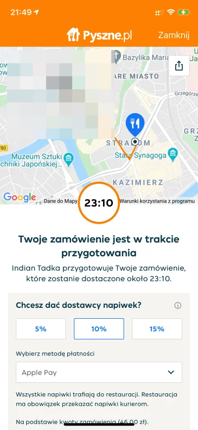 motaboy - Zamówienie złożone o godz. 21.40, dostawa przewidziana na 23.10. Ze Stradom...