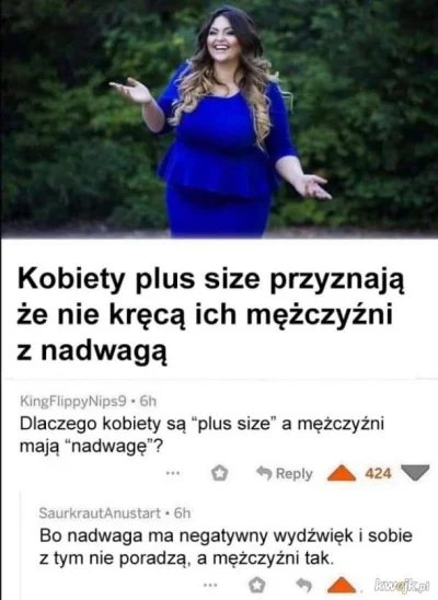 biskup2k - @mbak666: Można nazywać grubasa plus size ale tylko gdy jest kobietą.