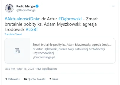 R187 - Radio Maryja za to winę zrzuca na "agresję środowisk LGBT": https://twitter.co...
