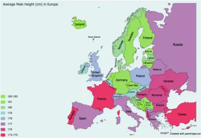 Domowik - Średnia wzrostu mężczyzn w krajach Europy. #niebieskiepaski #wzrost #mapa
