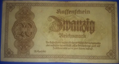 IbraKa - Ostatnimi banknotami III Rzeszy były to 20 marek z emisji 28 kwietnia 1945 r...
