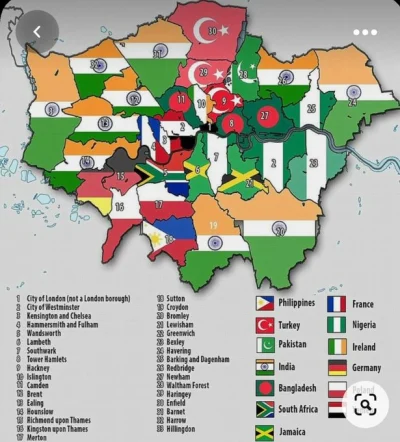 sqnland - Mapa Londynu z podziałem na dzielnice i dominującymi tam liczbowo "mniejszo...
