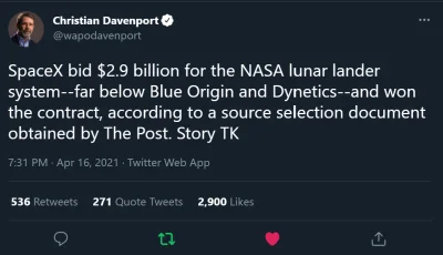 denis-szwarc - SpaceX prawdopodobnie jako jedyne wygrało kontrakt na HLS. Źródła mówi...