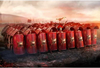 Sztuka_Wojenna - Rzymscy legioniści w formacji testudo utworzonej z tarcz typu scutum...
