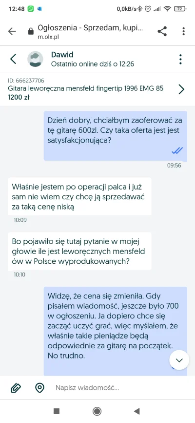 BySpeedy - Złożyłem ofertę na gitarę. W ogłoszeniu widniała cena 700zl, więc zapytałe...