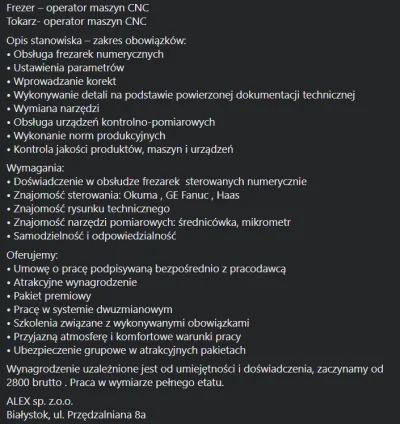 P.....a - Zajebista oferta #cnc #pracbaza #szukampracy #obrobkametali