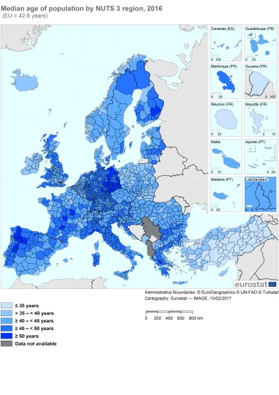 RzutKamieniem - @tellet: 1. Mediana wieku z Eurostatu na rok 2016, prawie wszystkie p...