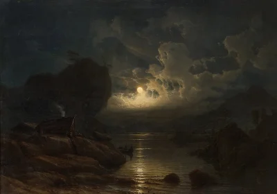 Hoverion - Knud Baade 1808-1879
Kystlandskap med folkeliv i måneskinn, 1852, olej na...
