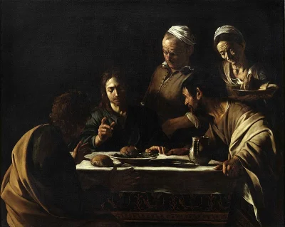 W.....k - Wieczerza w Emmaus Caravaggio 1606 rok, 141×175 cm, olej na płótnie Pinakot...