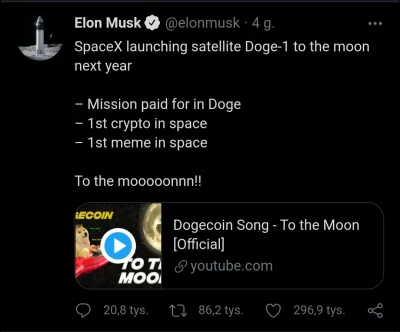 Djoki - Elon Musk naprawdę zamierza wystrzelić Dogecoina na księżyc. W przyszłym roku...