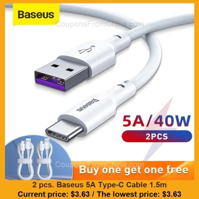 n____S - 2 pcs. Baseus 5A Type-C Cable 1.5m
Cena: $3.63 (najniższa w historii: $3.63...