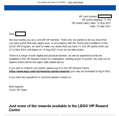 Shewie - Dzisiaj LEGO wystosowało do mnie maila przypominając mi o moich punktach VIP...