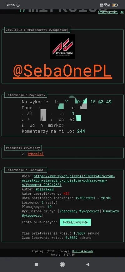 czarek90 - Zwycięscy losowania: 
@SebaOnePL
@Maselel
Gratuluję i proszę o kontakt na ...