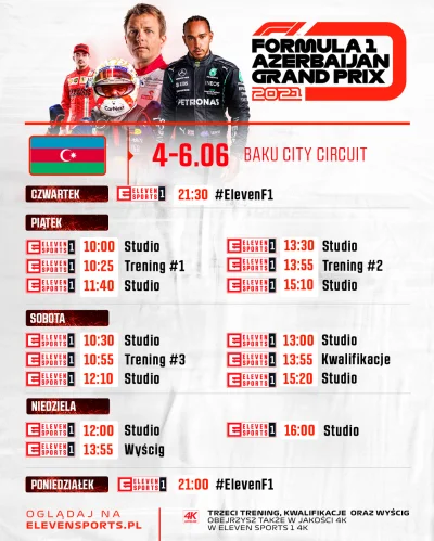 szumek - Plan transmisji GP Azerbejdżanu 2021 F1

Piątek 4 czerwca 2021 roku

10:...