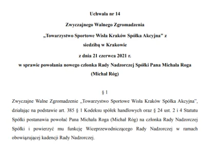 asffaf - Dniem 21.06 do Rady Nadzorczej TS Wisły Kraków S.A. w roli wiceprzewodnicząc...