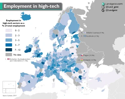 sweeps - Udział zatrudnienia w high-techu wg regionów europejskich... Widać zabory w ...