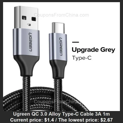 n____S - Ugreen QC 3.0 Alloy Type-C Cable 3A 1m
Cena: $1.40 (najniższa w historii: $...