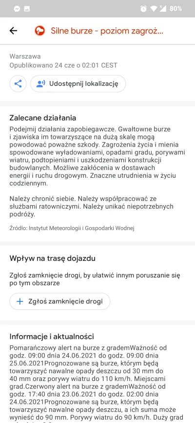 simsakPL - Co więcej, Google otrzegają przy wytyczaniu trasy przez tereny objęte alar...