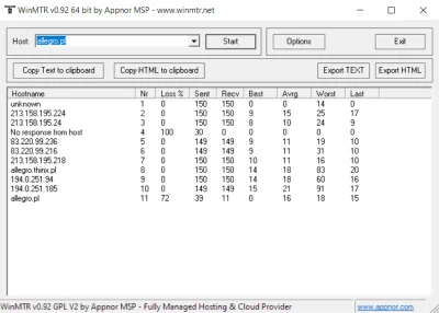 dziobnij2 - > MTR

@Buniu: do części stron jest 0% loss i super pingi, a do innych ...