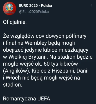 wojna - Na półfinały i finał Euro "ze względów covidowych" mogą wejść tylko mieszkańc...