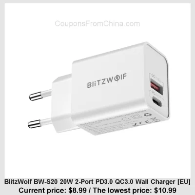 n____S - BlitzWolf BW-S20 20W 2-Port PD3.0 QC3.0 Wall Charger [EU]
Cena: $8.99 (najn...