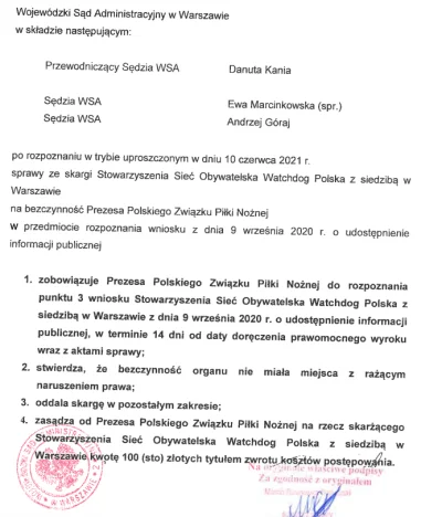 WatchdogPolska - Wojewódzki Sąd Administracyjny w Warszawie zobowiązał Prezesa PZPN d...