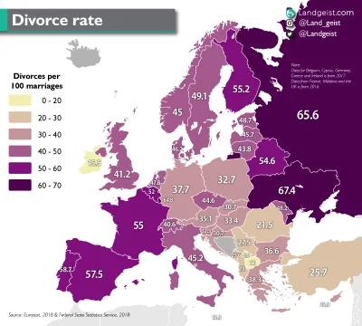 JoeShmoe - Liczba rozwodów na 100 małżeństw w 2018 roku w Europie. #ciekawostki #mapp...
