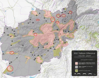 Tym - Kółkami zaznaczone tereny zdobyte przez Talibów w ciągu ostatnich 4 dni. Na róż...
