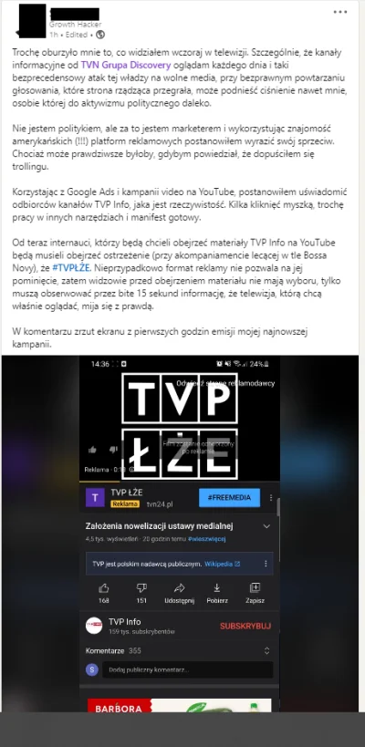 CMaker - Typek uruchomił reklamę na kanale TVP Info na YouTube z wielkim napisem "TVP...