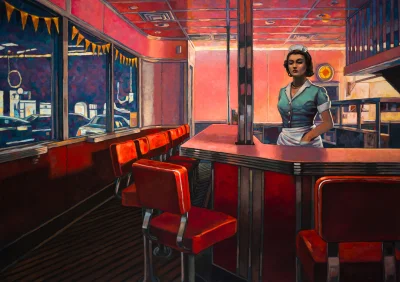 Hoverion - Miles Hyman
Melrose Diner, 2021, olej na płótnie, 114x162 cm
#artventure...