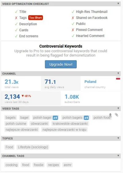 silentpl - @Fridge_ VidIQ sugeruje za mało tagów. 
Poza tym Channel Country jest Pol...