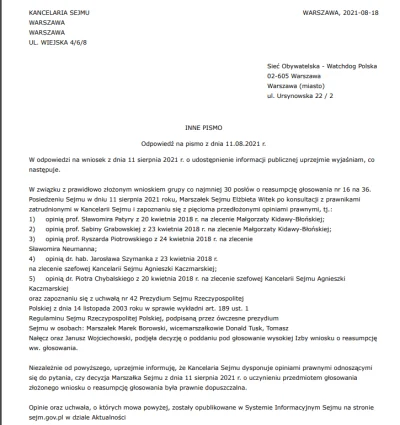 WatchdogPolska - Mamy odpowiedź z Kancelarii Sejmu na nasz wniosek dotyczący konsulta...