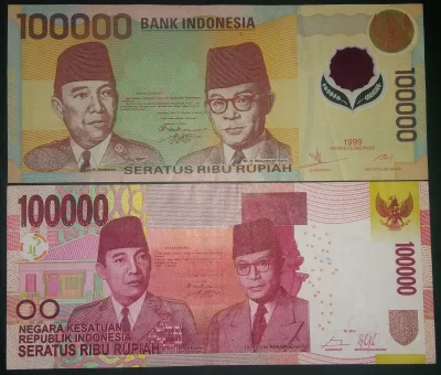 IbraKa - Polimerowa i papierowa wersja banknotu 100 tyś rupii z Indonezji 
#banknoty...