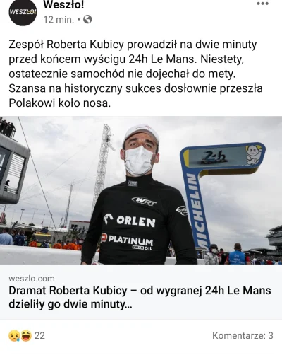 WiKingg3 - Muszę przyznać że ostatnie zdanie mnie rozśmieszyło 
#lemans #kubica