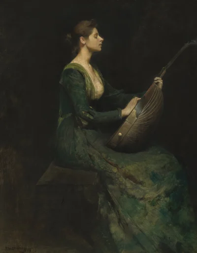 GARN - #sztuka #art #malarstwo autor: Thomas Wilmer Dewing, Lady with a Lute, (1886) ...