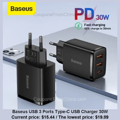 n____S - Baseus USB 3 Ports Type-C USB Charger 30W
Cena: $15.44 (najniższa w histori...