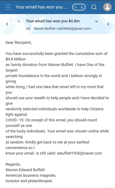 NoSmoking - Właśnie napisał do mnie Warren Buffet. 
Chyba będę milionerem wkrótce. J...
