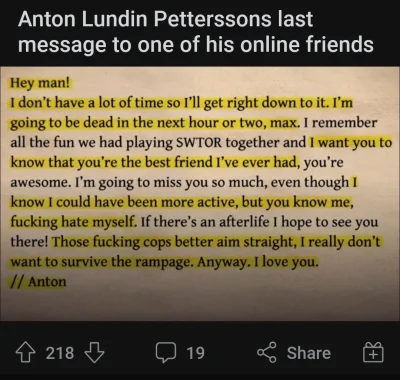 OpartyAnon - Ostatnia wiadomość Antona Luddina Pettersona do swojego przyjaciela.

Za...