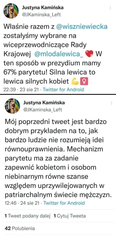 l.....l - Równość jest wtedy, kiedy większość stanowią kobiety. 
Czego nie rozumiesz...