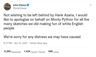 orle - John Cleese pół roku temu na Twitterze wystosował przeprosiny skierowane do bi...